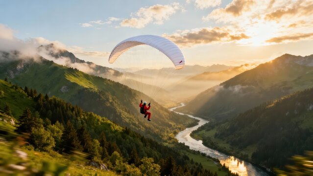 Solo paraglider flying white wing high above scenic Alpine river valley during dramatic golden hour lighting.