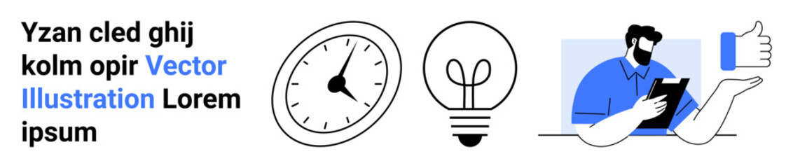 Time management, creativity, feedback, business planning, productivity, innovation. Clock with time, lightbulb and man holding a tablet next to a thumbs-up icon. Time management and creativity © robu_s