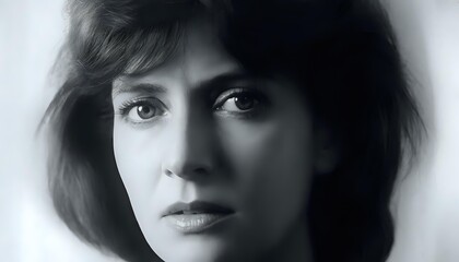 Fototapeta premium Black and white studio photographic portrait of a woman, close-up, harsh background lighting, 1970s photography.