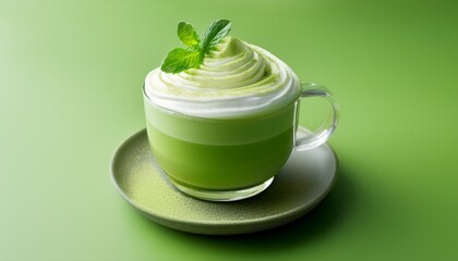 creamy matcha green tea latte with whipped cream topping and fresh mint garnish against a solid green background