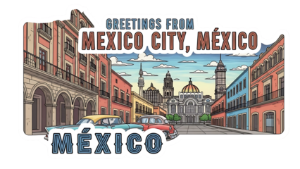 Colorful Illustration of Mexico City Street Scene with Historic Buildings Cars and Skyline