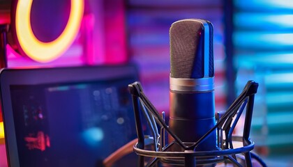 desk microphone capturing sound or voice for broadcasting podcasting or music recording platforms illuminated by colorful neon lights