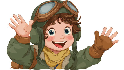 Cheerful Cartoon Pilot Boy Wearing Aviation Costume and Smiling While Waving