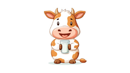 Adorable Cartoon Cow Holding Glass of Milk Vector Illustration with Outline