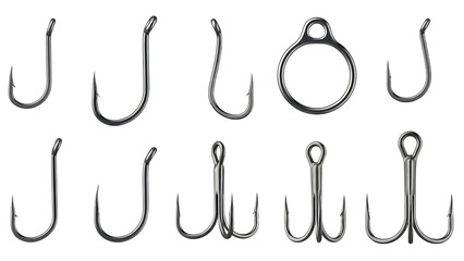 Assorted Fishing Hooks Collection on White Background for Marine and Fishing Equipment