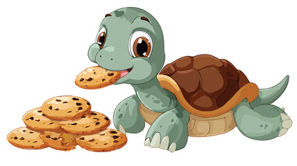 Adorable Cartoon Turtle Enjoying Delicious Cookies with Outline, Isolated Vector Illustration