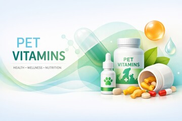 Selection of Pet Vitamins, Including Bottles, Tablets, and Capsules, Arranged With Colorful Elements on a Light Background