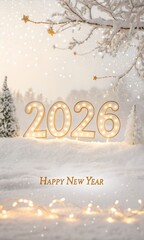 Happy New Year 2026 winter celebration, soft falling snow, white and gold color palette, elegant glowing 2026 typography, dreamy festive atmosphere, clean premium style
