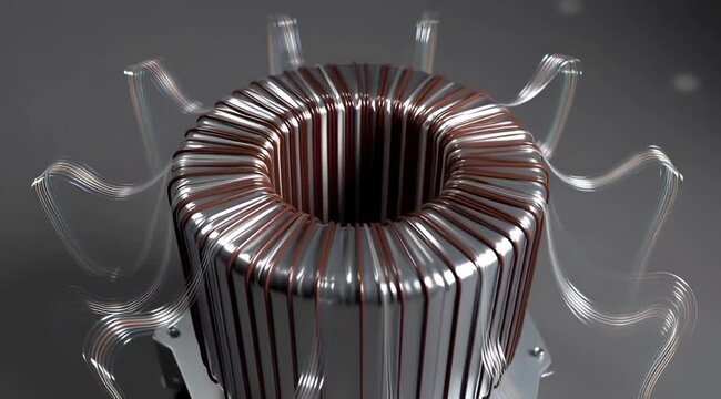 Closeup of a metallic toroidal transformer with copper wires