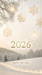 Happy New Year 2026 winter celebration, soft falling snow, white and gold color palette, elegant glowing 2026 typography, dreamy festive atmosphere, clean premium style
