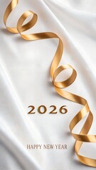 
Happy New Year 2026 made from golden ribbon shapes, elegant flowing ribbon forming numbers 2026, white luxury background, soft shadows, premium festive design, ultra high resolution
