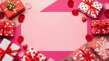 Gifts surrounding a central pink copy space on magenta and pink background