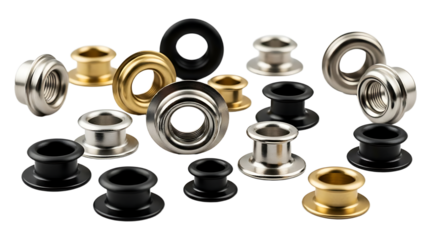 Assortment of Metal and Rubber Cable Grommets in Silver Gold and Black on White Background