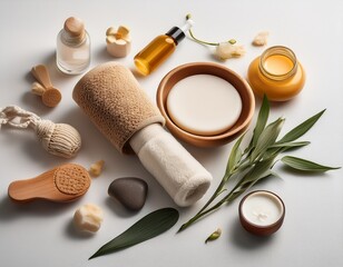 natural spa cosmetic products and wellness items creating a soothing self care concept arranged neatly on a clean white surface