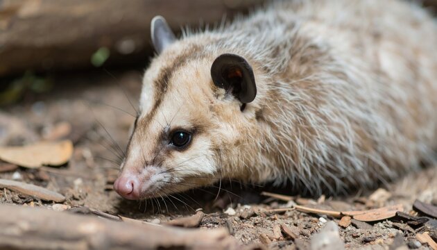 Close-up of a Common Opossum foraging on the ground.