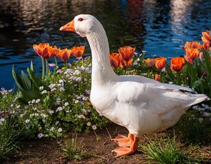 white goose with orange beak in amsterdam park