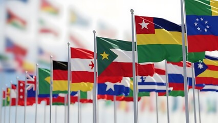 International flags collection waving in wind outdoor global unity diversity patriotism multicolor backdrop