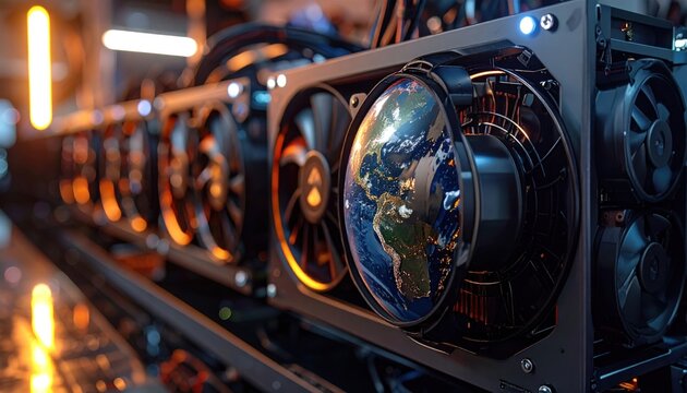 Close-up of a Cryptocurrency Mining Rig with Earth Graphics. - Powered by Adobe