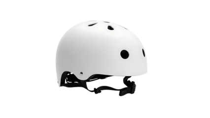 White Safety Helmet with Black Adjustable Strap on Plain White Background