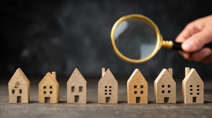 Real Estate Compliance Banner Background With Wooden House Figures and Magnifying Glass on a Dark Surface During Work Hours