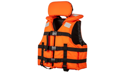 Orange Life Jacket with Head Support and Multiple Straps for Boating Safety