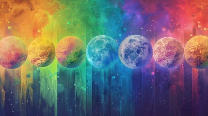 This image presents a series of seven spheres, each closely resembling planets, aligned in a horizontal row. They are set against a rich, cosmic backdrop displaying a spectrum of colors, ranging from