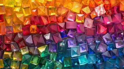 The photo displays a diverse collection of translucent and opaque geometric figures, such as cubes and pyramids, in a variety of vibrant colors such as red, blue, green, and yellow, each reflecting