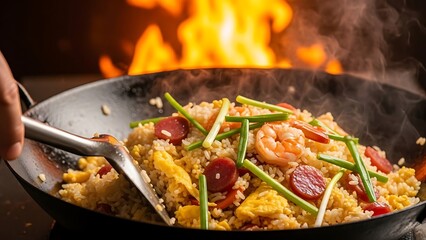 Chef cooking delicious fried rice with shrimp and sausage in a wok with flames