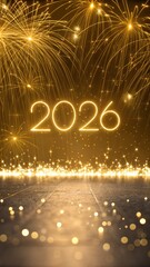 Happy New Year 2026 abstract golden glow background, light streaks and sparkles, elegant glowing 2026 text, modern festive design, ultra high resolution
