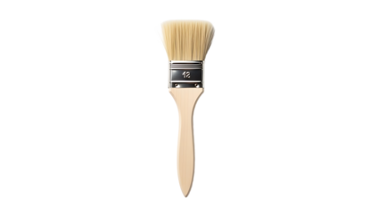 Paint Brush with Natural Wooden Handle and Light Beige Bristles on White Background