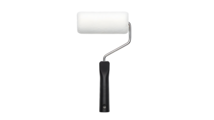 White Paint Roller with Black Handle on White Background for Painting and Home Improvement