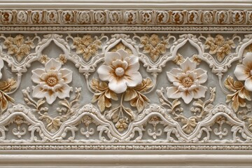 Intricate bas-relief molding features detailed floral ornamentation against a muted background