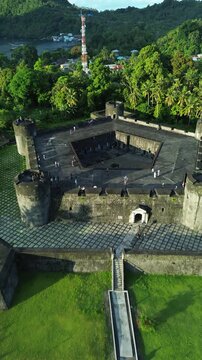 Overhead view of Fort Belgica&acirc;&euro;&trade;s pentagonal shape with surrounding greenery and walls in Banda Neira, Maluku.