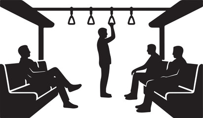 Passengers inside a public transport vehicle, commuting in a simple silhouette illustration