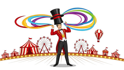 A cartoon magician performing at a vibrant carnival with colorful ribbons and rides