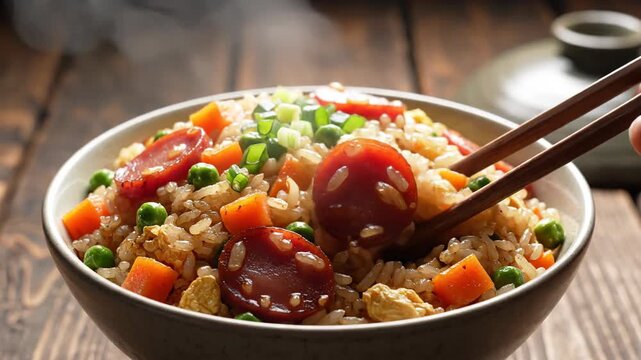 Close up view of delicious fried rice dish in ceramic bowl on wooden table