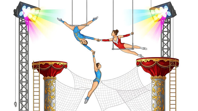 Three acrobats performing aerial stunts on stage with colorful lights and safety net