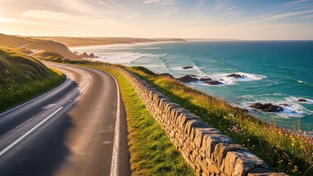 A scenic coastal road winds its way along the ocean with a stone wall and green grassy hills. - Powered by Adobe