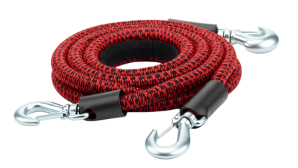 Red and Black Braided Rope with Metal Hooks on White Background