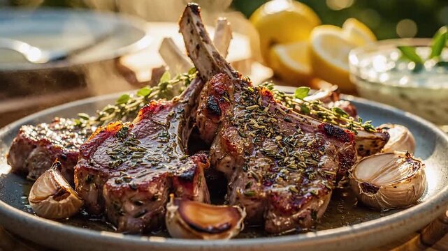 Grilled lamb chops with garlic lemon and herbs culinary presentation
