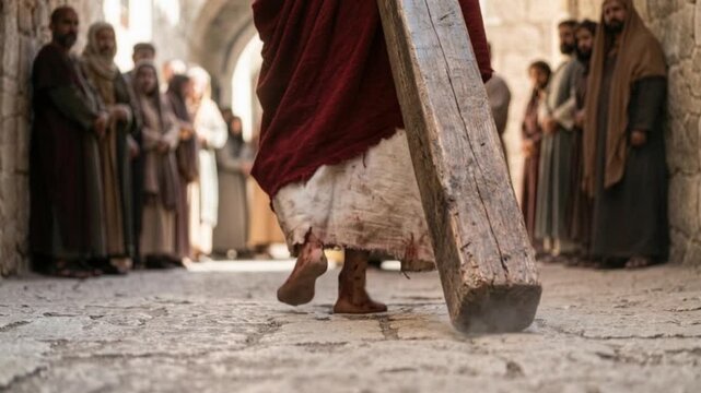 Low-angle perspective of Jesus carrying the cross on the Via Dolorosa