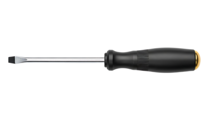 Flathead Screwdriver with Black Handle and Metal Shaft on White Background