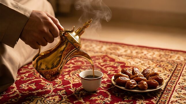 A warm welcome Close-up of traditional Arabic coffee (Gahwa) being poured as a symbol of hospitality