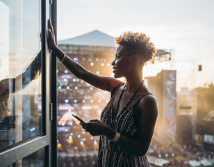Młoda kobieta, Afroamerykanka stoi na tarasie opierając się dłonią o szybę. W drugiej dłoni trzyma telefon. W tle scena muzyczna