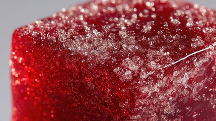 Hyper-detailed macro view of a glowing red candy cube coated with shimmering sugar crystals, extreme close-up, crystalized sugar texture clearly visible, translucent candy surface with internal glow