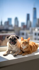 Pug and Orange Tabby Cat Sitting on Windowsill With NYC Skyline View