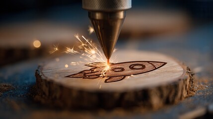 Laser engraving a small rocket icon on a wooden disc, bright vivid sparks flying, real craftsmanship and innovation concept, clean bright light background, warm natural wood texture