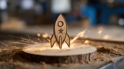 Laser engraving a small rocket icon on a wooden disc, bright vivid sparks flying, real craftsmanship and innovation concept, clean bright light background, warm natural wood texture