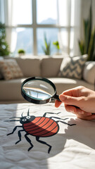 Hand Holding Magnifying Glass Over Cartoon Red Bug on White Fabric