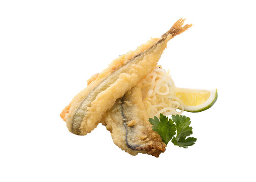 Crispy Hamo Daggertooth Pike Conger Eel Tempura Lightly Battered Photorealistic Kyoto Summer Dish Isolated White Background